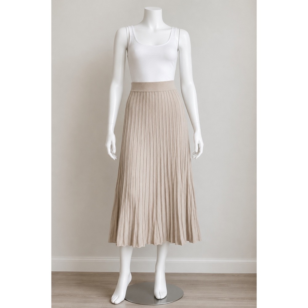 Milano Womens M Beige Ribbed Knit‎ Pleated Midi Skirt Stretch Pull On - Picture 2 of 11